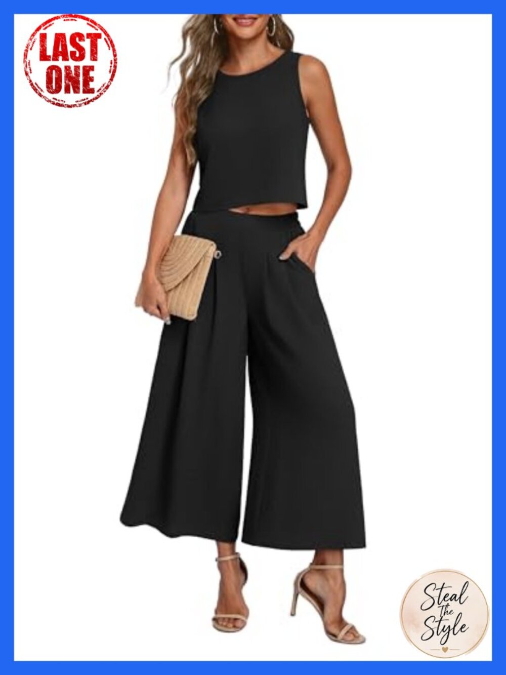 Womens 2 Piece Wide Leg Pants Set Sleeveless Crop Top Lightweight Polyester